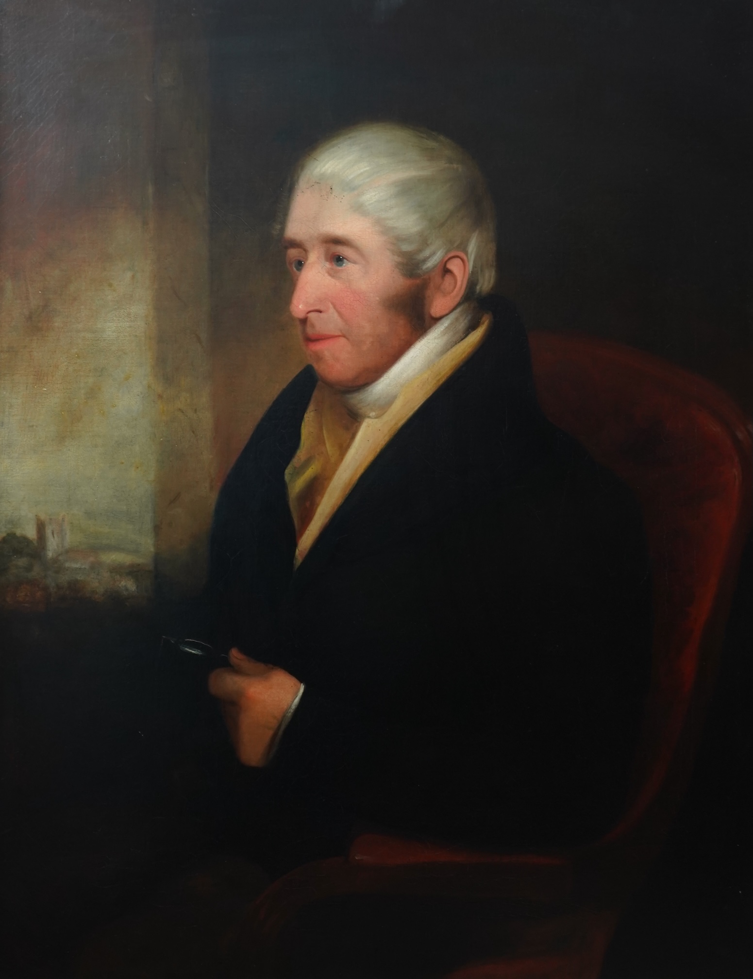 English School, 19th century, A portrait of a gentleman seated before a landscape